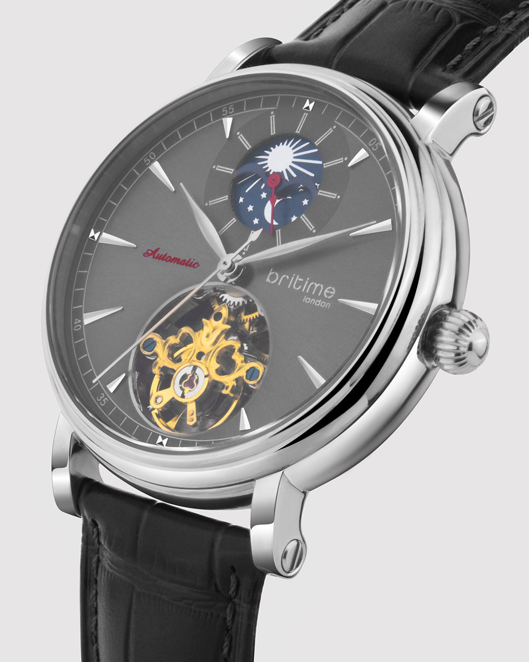 Britime Jupiter Men Automatic Black Dial Analog Leather Strap Watch 127-L10406