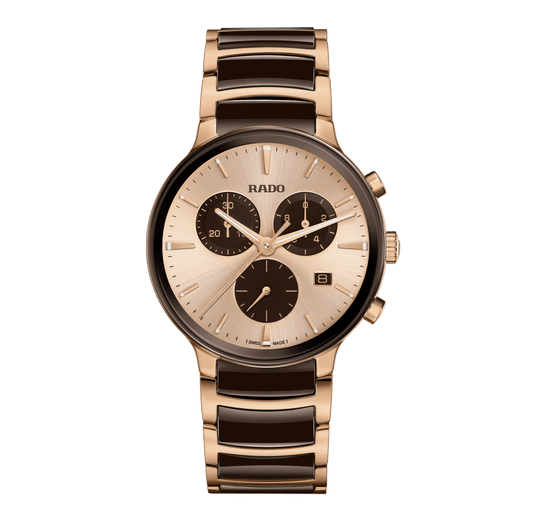 A RADO Centrix Panda Quartz 41mm Chronograph Men's Watch with a brown dial, stainless steel case, PVD coating, and a ceramic and PVD-coated steel bracelet.