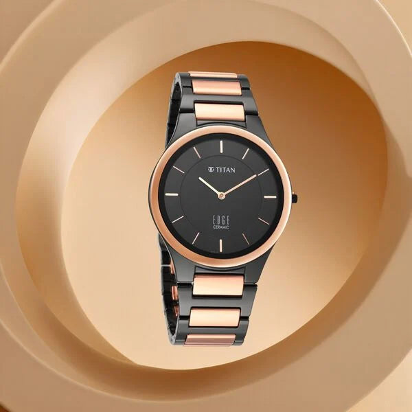 Titan Edge Ceramic Quartz in Midnight Gold with Black Dial Men's Watch NT1696KC01