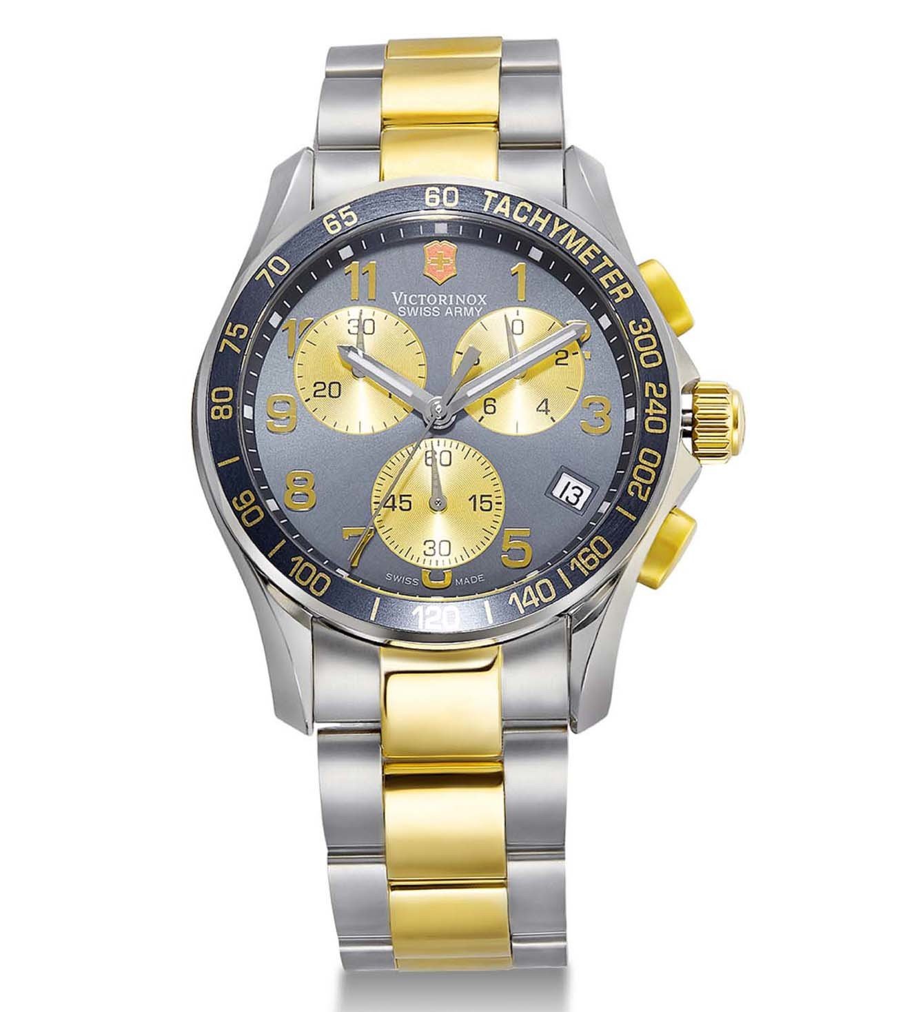 Victorinox A men's chronograph watch with a two-tone stainless steel bracelet, blue dial with yellow accents, and a gold and silver case.