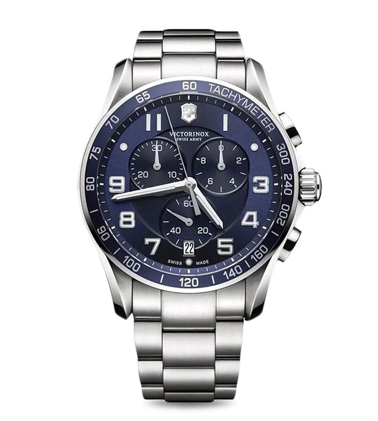 A silver-toned Victorinox analog chronograph watch with a blue dial, sapphire glass, and stainless steel bracelet with a deployment clasp.