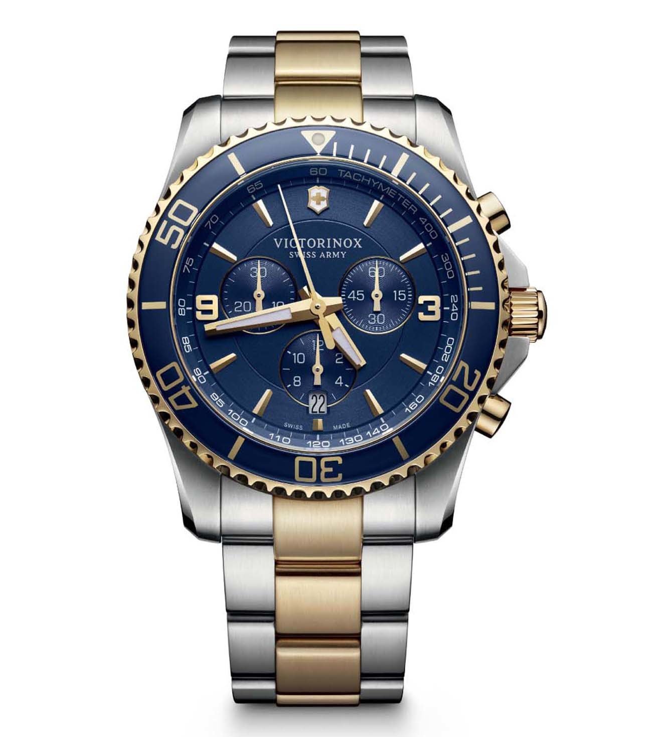 A Victorinox Maverick Chrono Blue Dial watch with a stainless steel case and a blue dial featuring chronograph indications and a unidirectional bezel.
