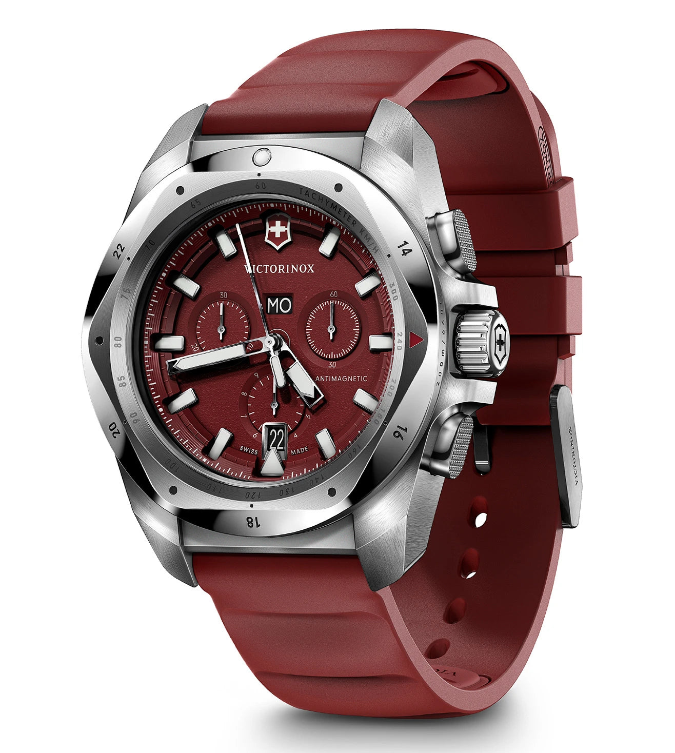 A red-colored VICTORINOX watch with a silver case and a rubber strap, featuring a dial with multiple subdials and a sapphire glass cover.