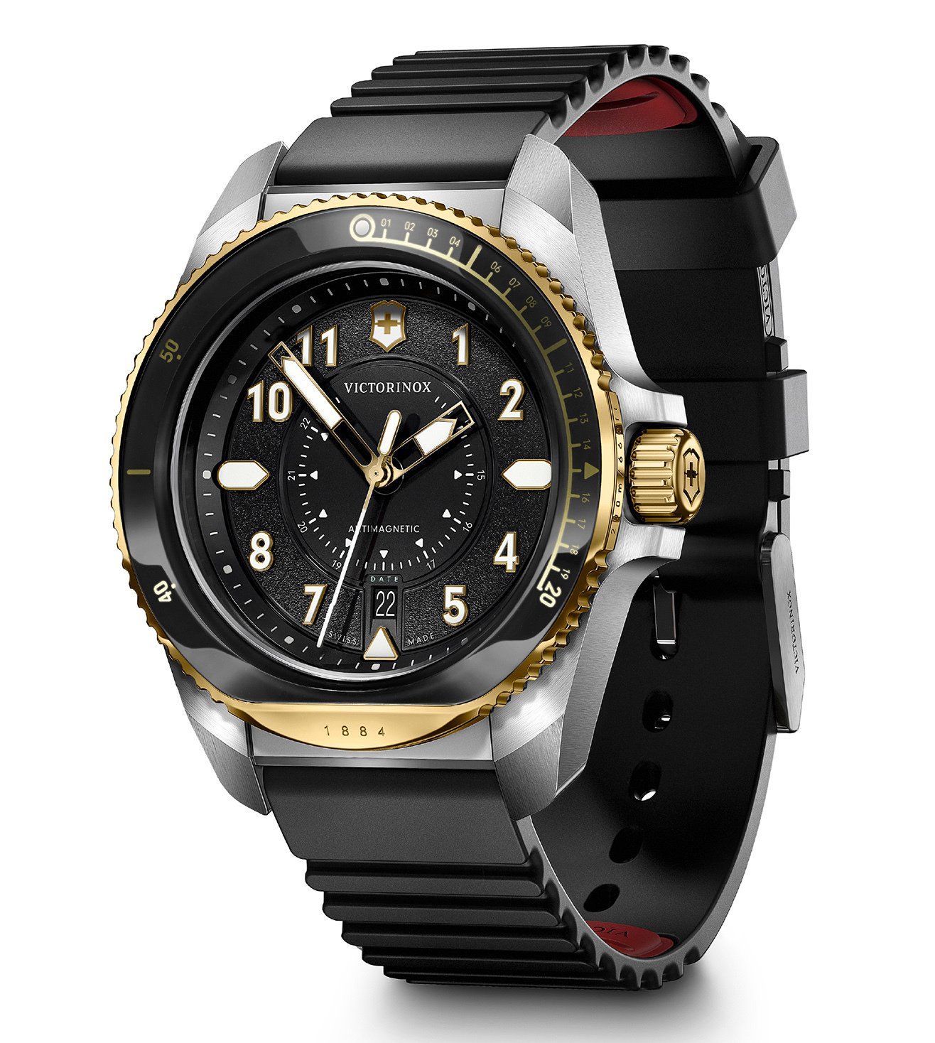 242014 Victorinox A Journey 1884 Swiss made analog watch with a black dial, gold hands and a black rubber strap, featuring a sapphire glass cover and a gold case.