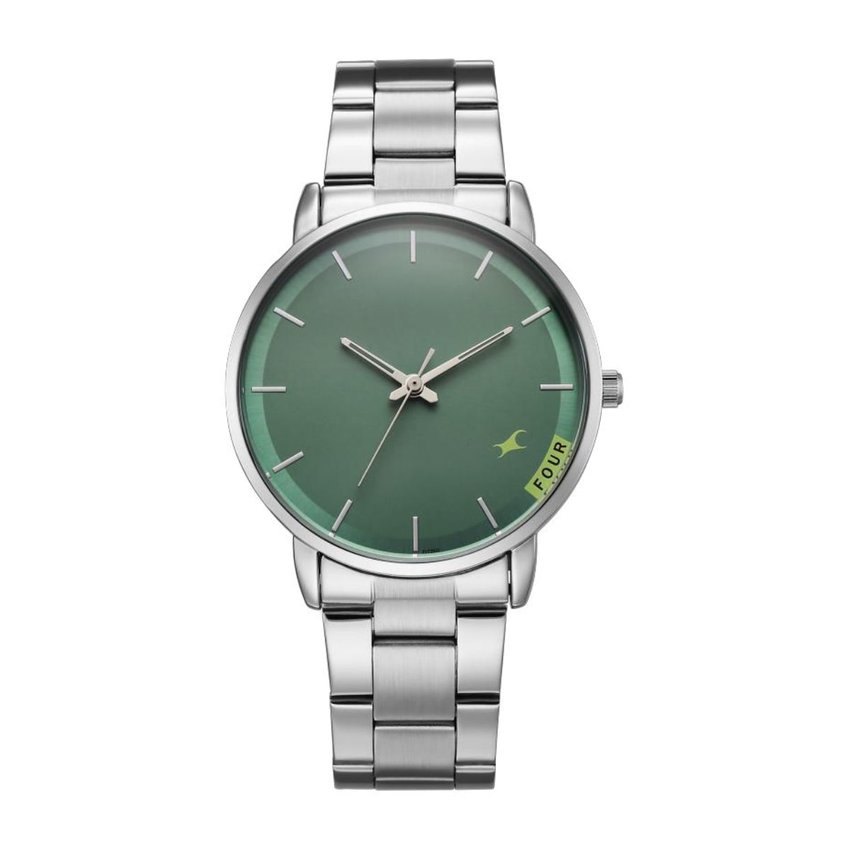 Silver watch with a green face on a white background