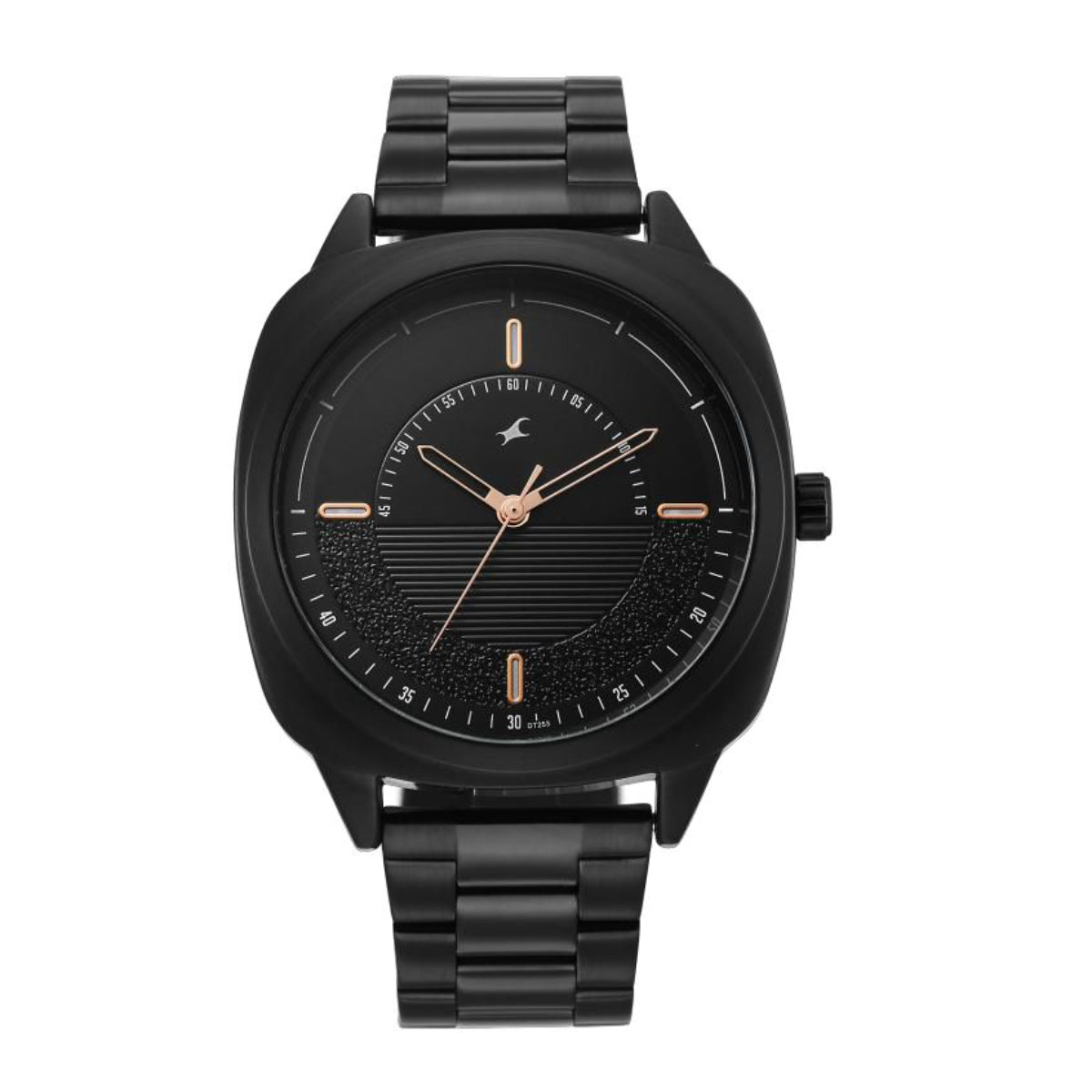 Black wristwatch with a detailed face on a white background