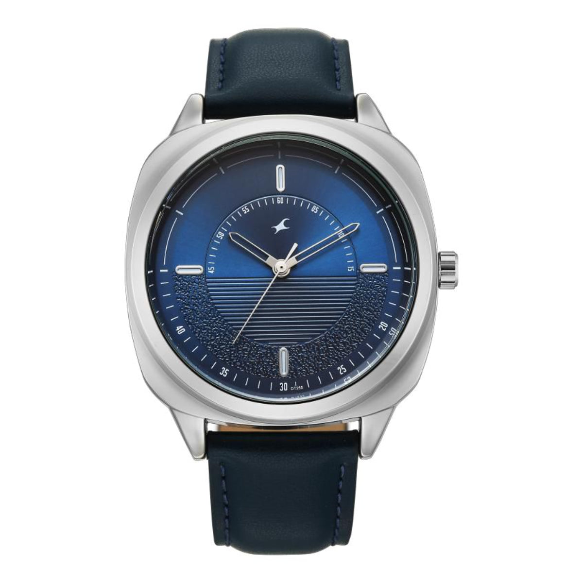 Wristwatch with blue face and leather strap on a white background