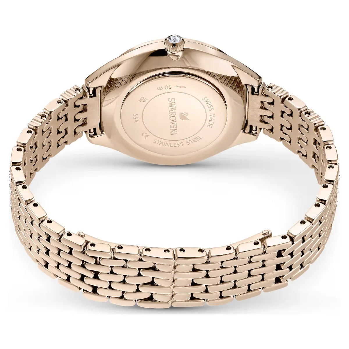 Rose gold watch with detailed band on a white background