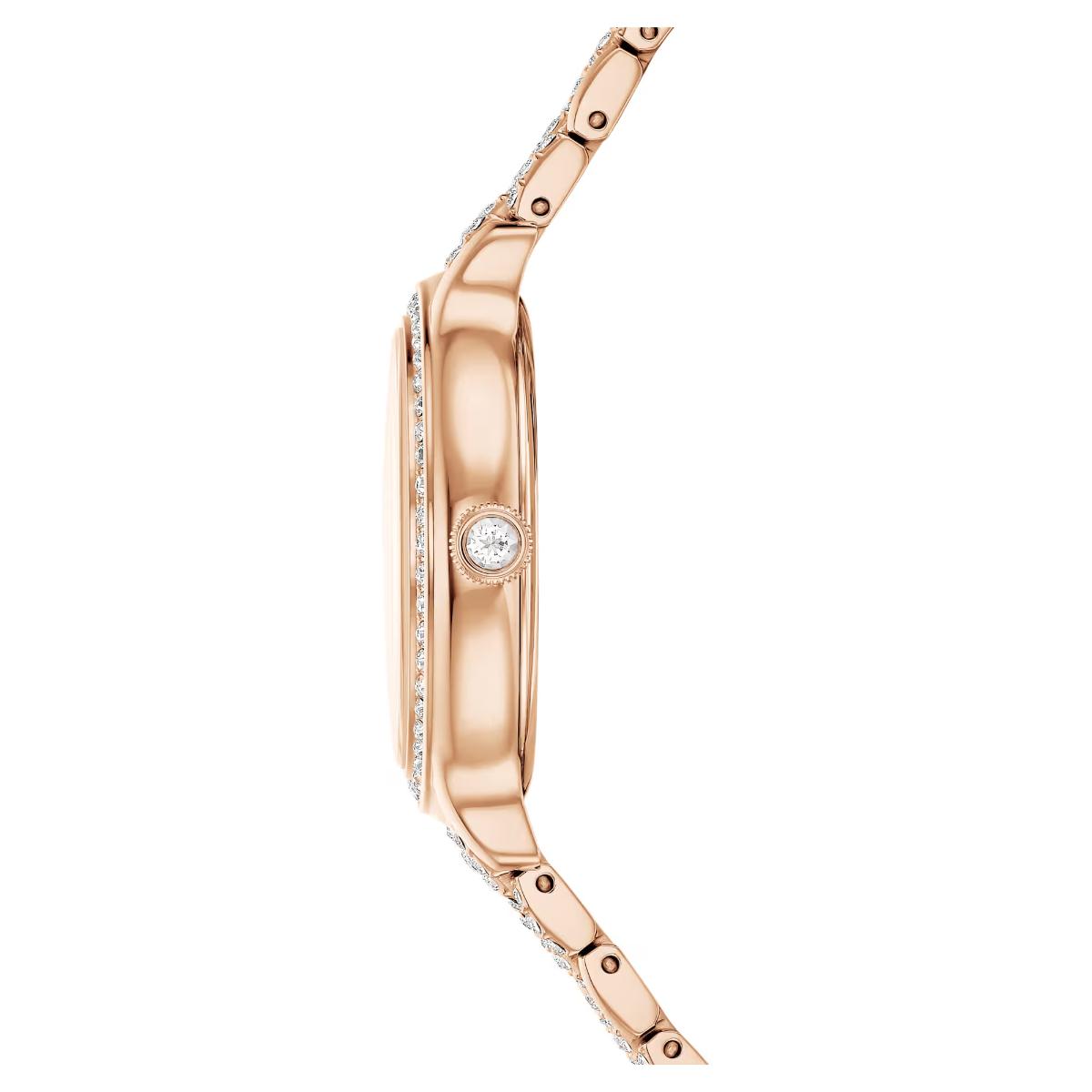 Rose gold watch with diamond accents on a white background