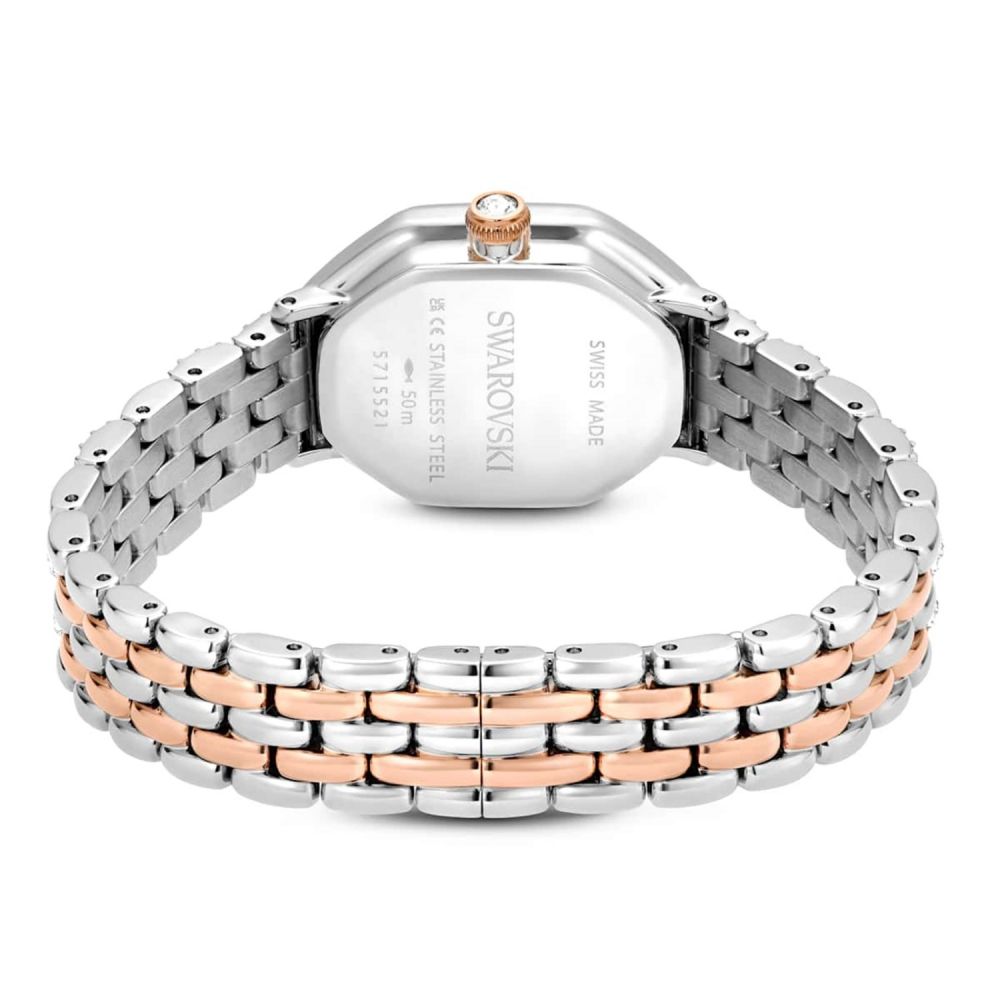 Silver and rose gold watch with brand name on a white background