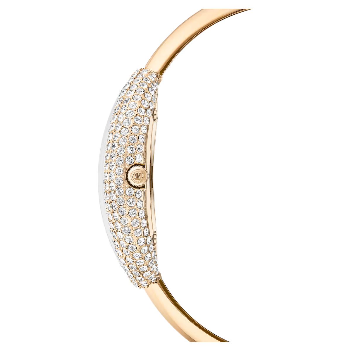 Gold crescent-shaped jewelry piece with embedded crystals on a white background