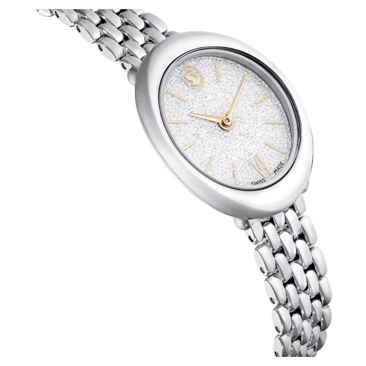Silver watch with a white face on a white background