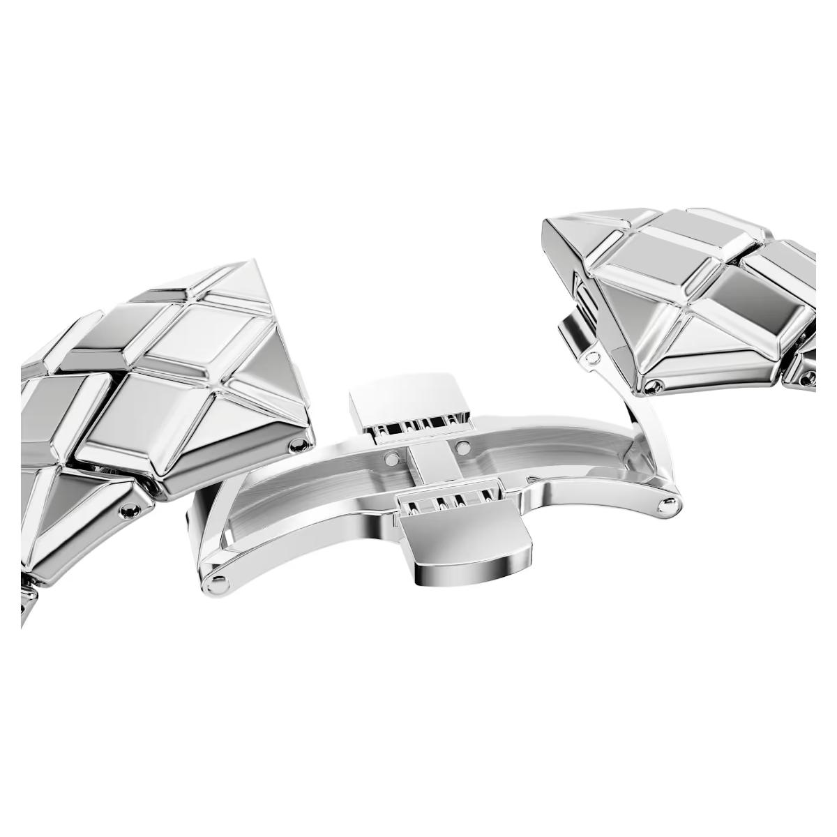 Silver geometric cufflinks on a white background