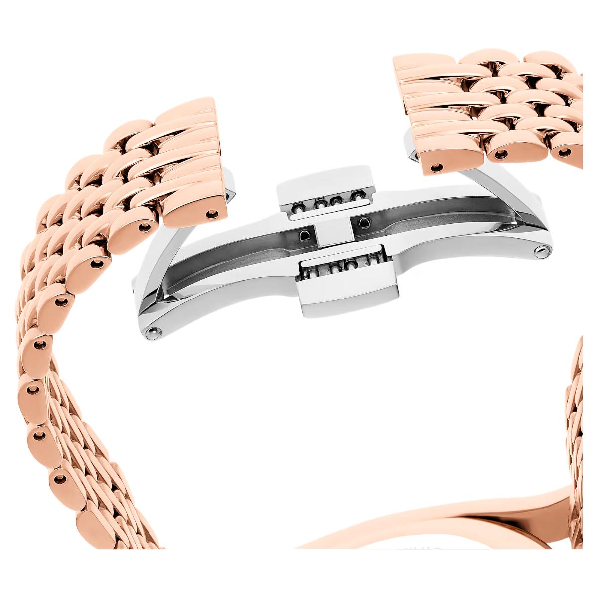 Rose gold and silver watch strap on a white background