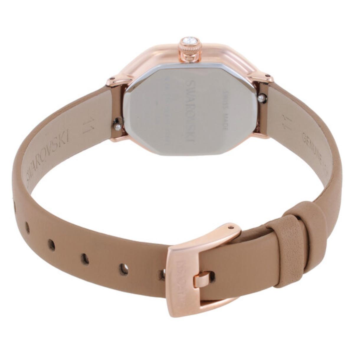Watch with beige strap and rose gold casing on a white background