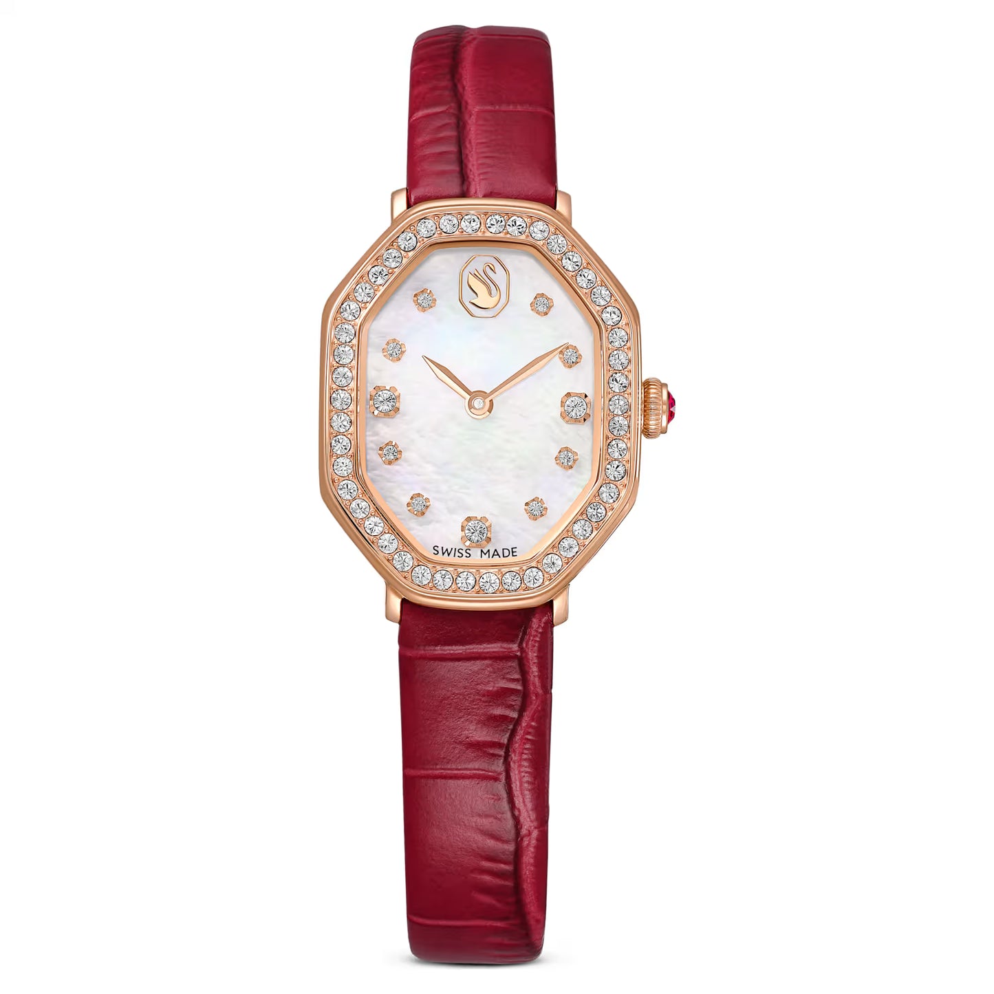Luxury watch with red leather strap and rose gold case on white background
