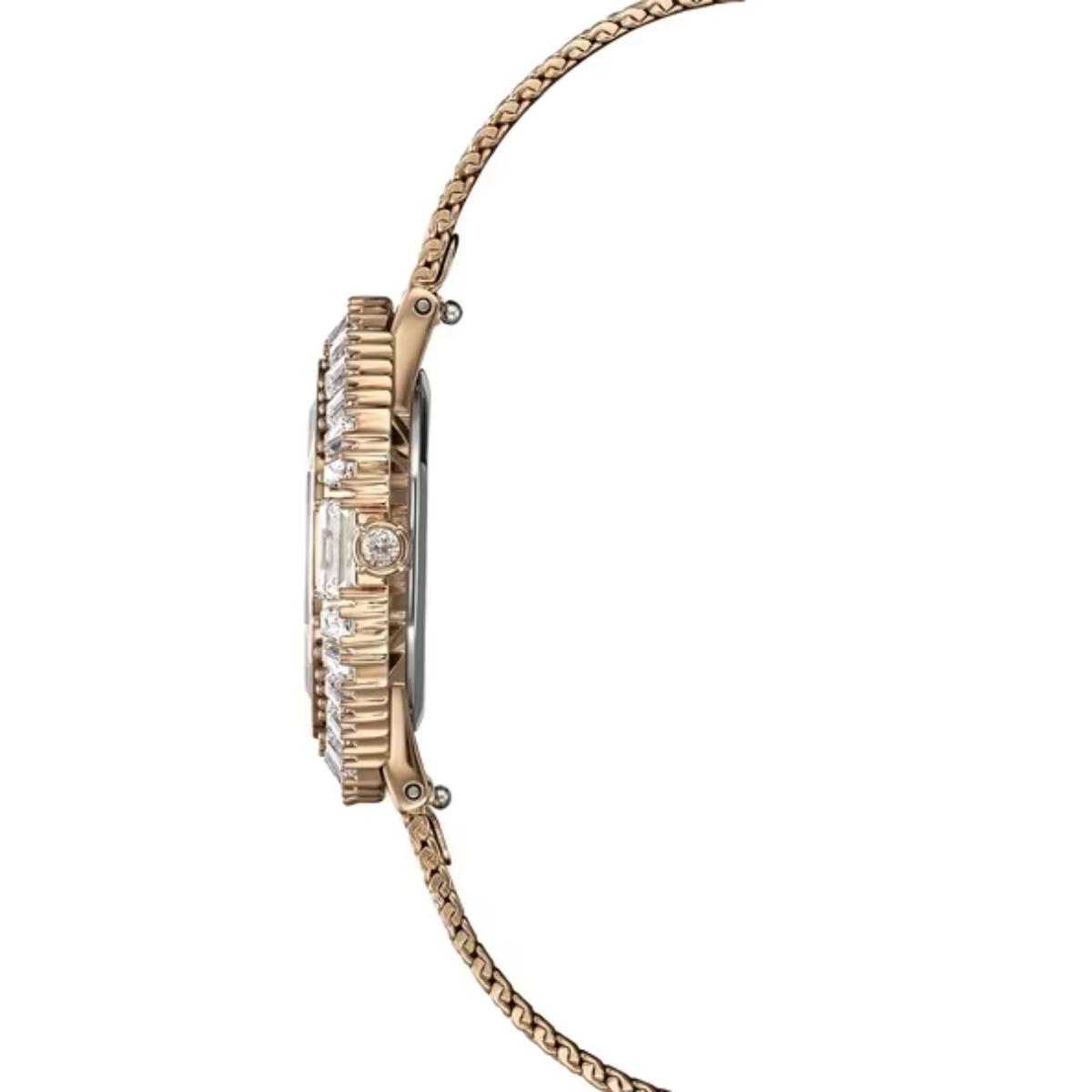 Rose gold watch with diamond accents on a white background