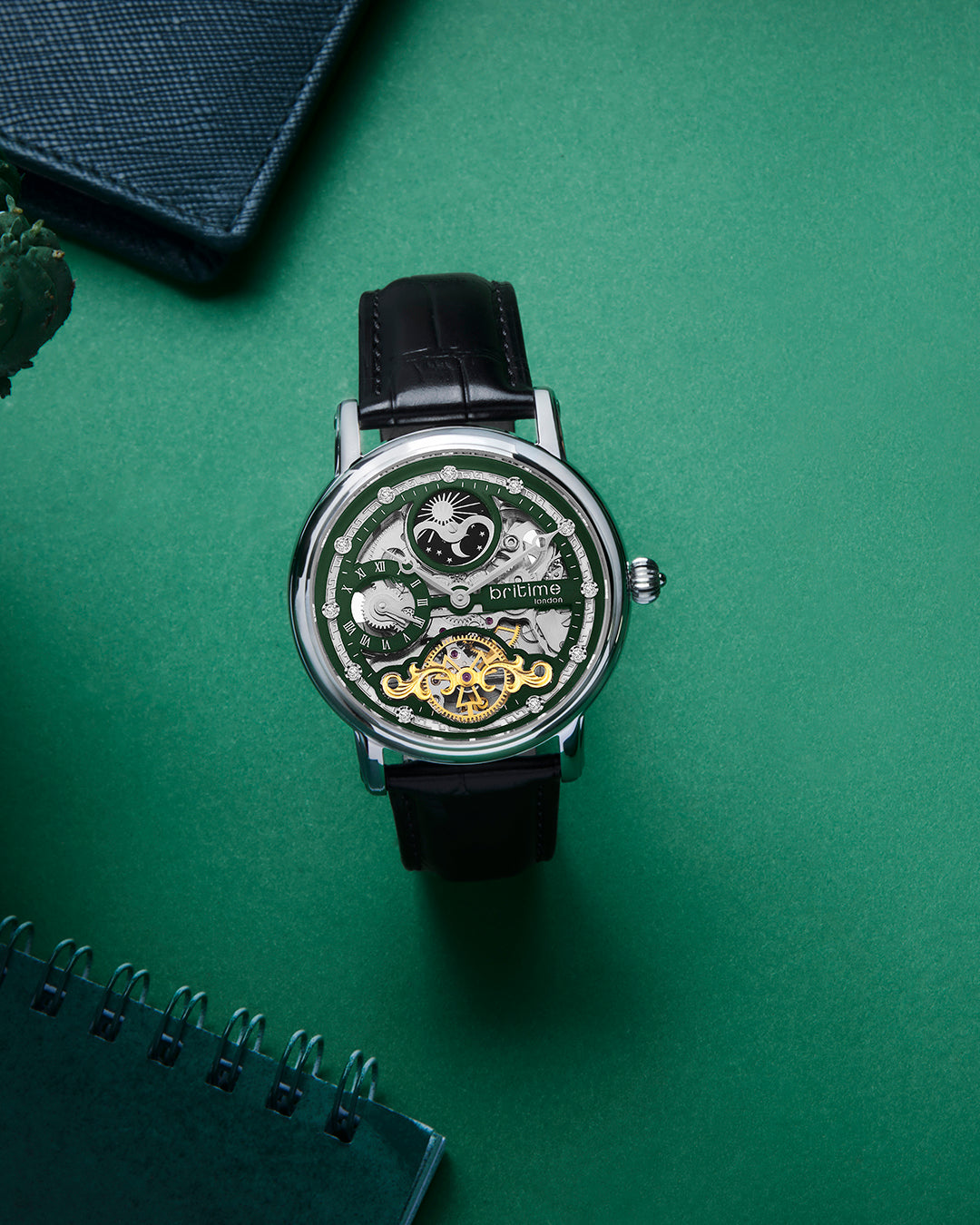Britime Crist Skeleton Green Dial Leather Wrap Around Straps Men Automatic Watch 641-L11406