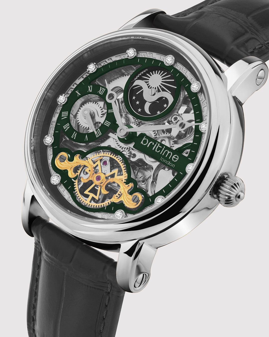 Britime Crist Skeleton Green Dial Leather Wrap Around Straps Men Automatic Watch 641-L11406