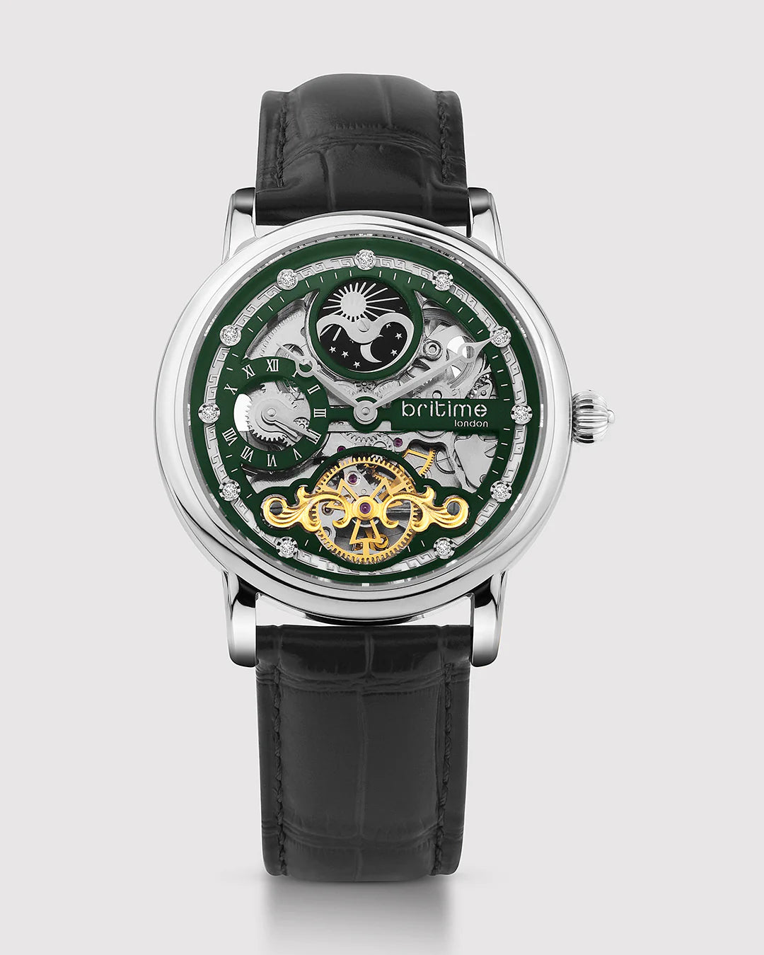 Britime Crist Skeleton Green Dial Leather Wrap Around Straps Men Automatic Watch 641-L11406