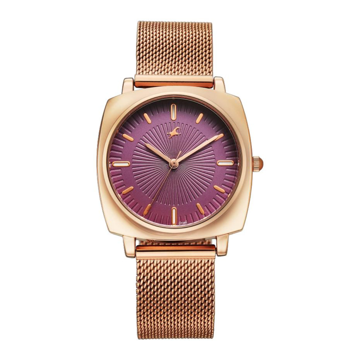 Rose gold watch with a purple face on a white background