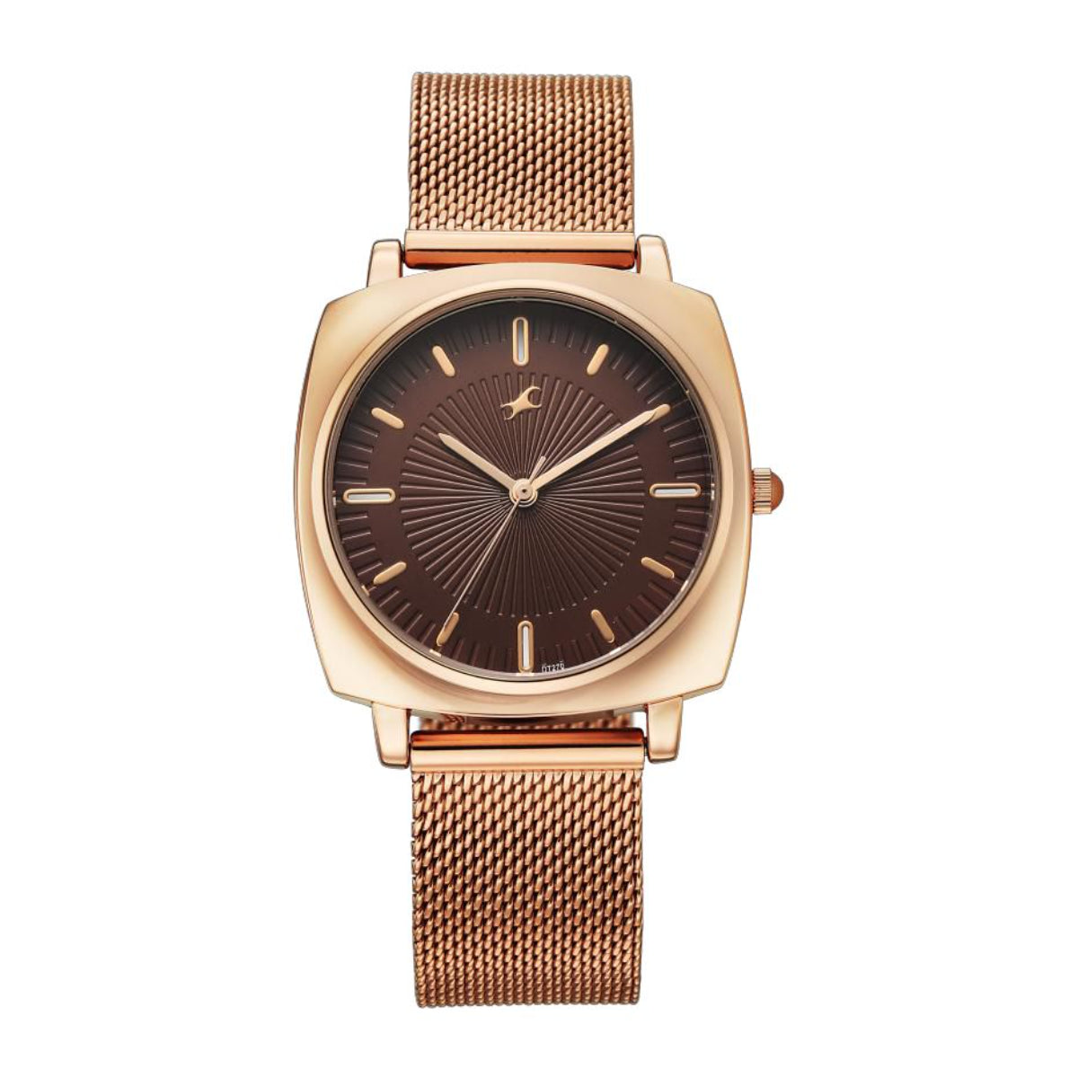 Rose gold watch with a brown face on a white background