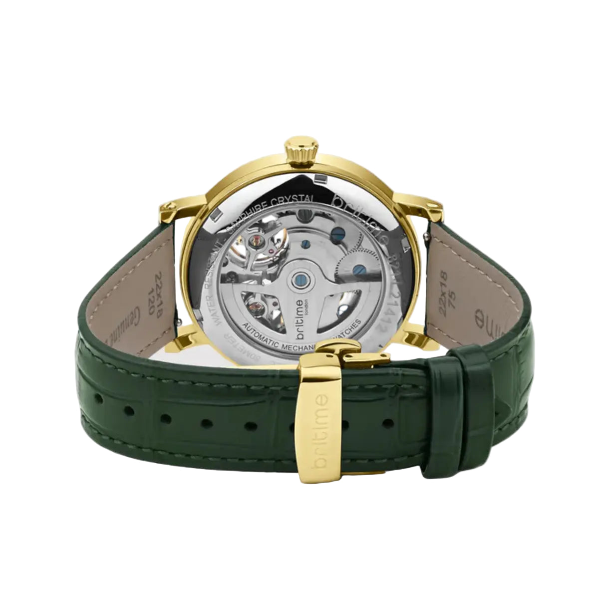 Watch with green strap and gold case on a white background