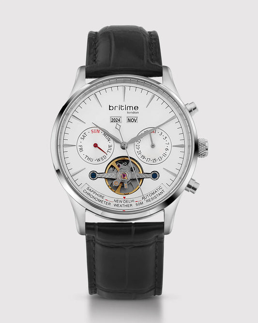 Britime Celestial Silver Dial Multifunction Leather Strep Automatic  Men's Watch - 867-L10306