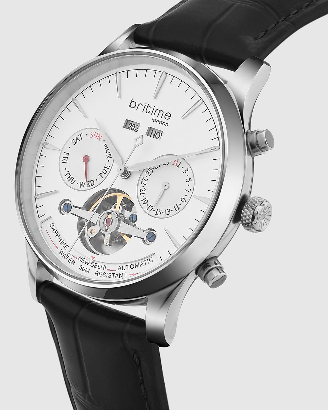 Britime Celestial Silver Dial Multifunction Leather Strep Automatic  Men's Watch - 867-L10306