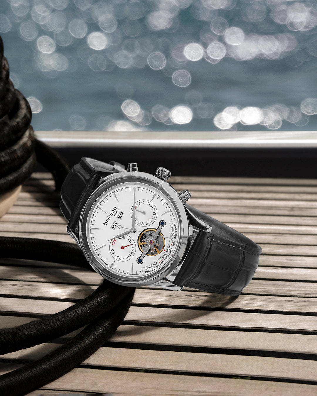 Britime Celestial Silver Dial Multifunction Leather Strep Automatic  Men's Watch - 867-L10306