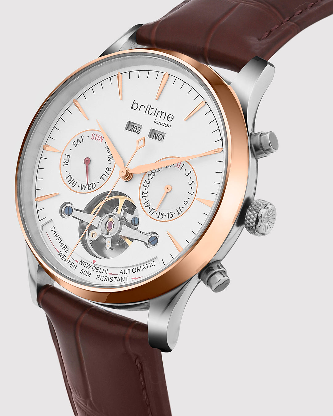 Britime Celestial Silver Dial With Leather Strep Multifunction Automatic Men's Watch - 867-L30308