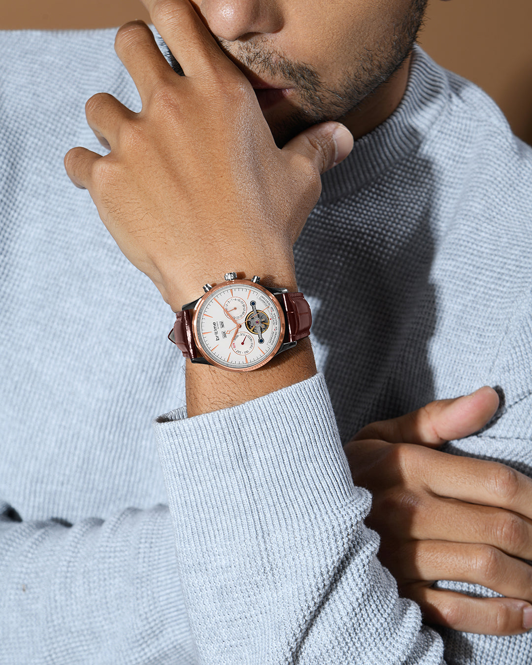 Britime Celestial Silver Dial With Leather Strep Multifunction Automatic Men's Watch - 867-L30308