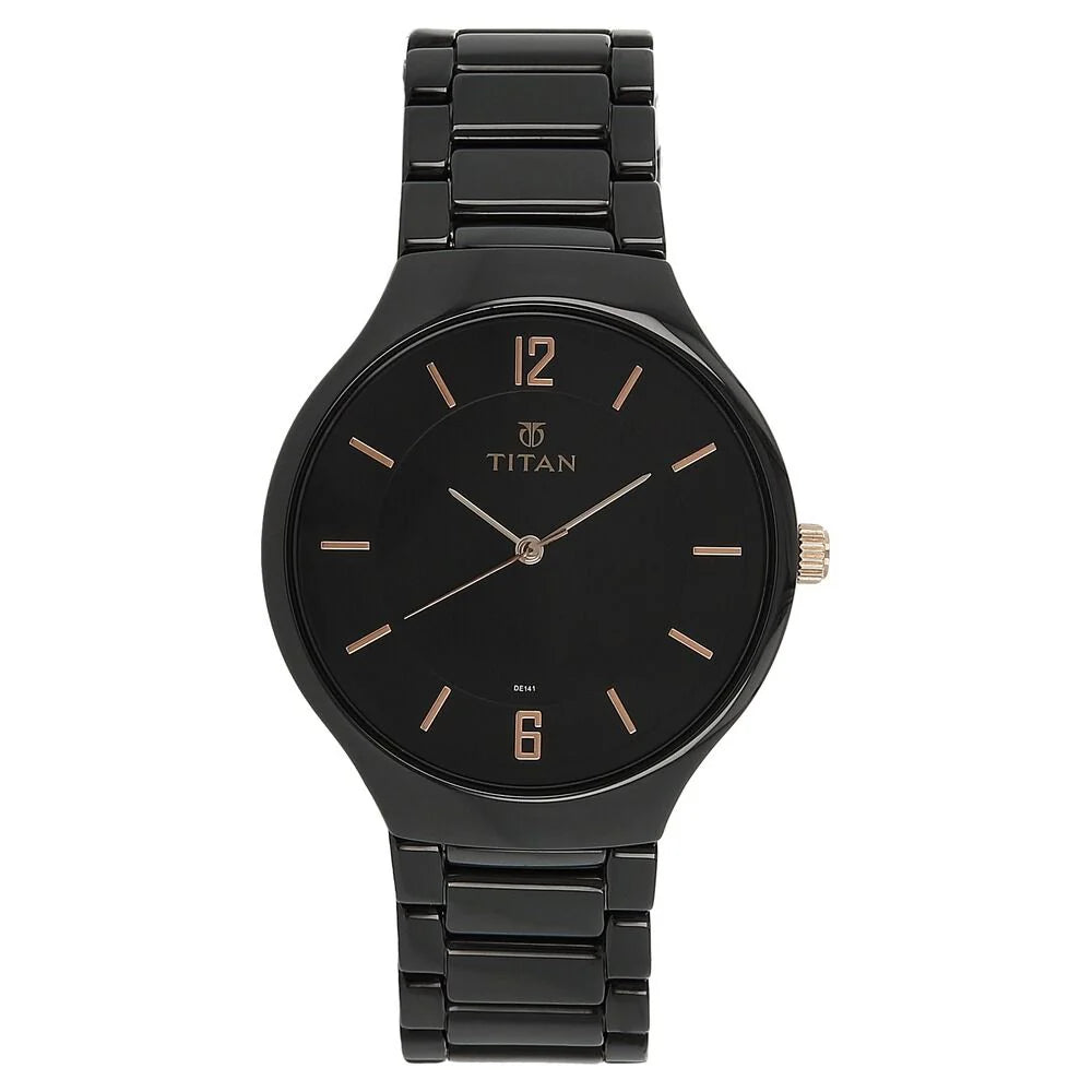 Titan Quartz Analog Black Dial Ceramic Strap Watch for Men NS90014KC02