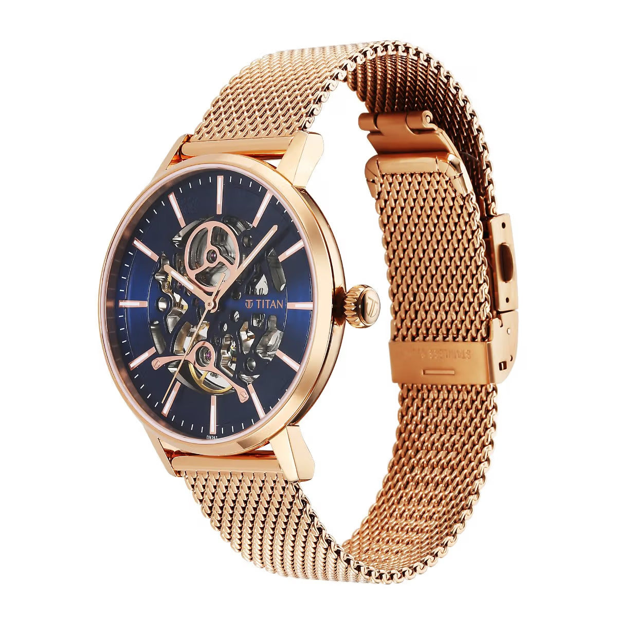Titan Mechanical Slimline Blue Dial Rose Golden Mesh Strap watch for Men 90159WM01