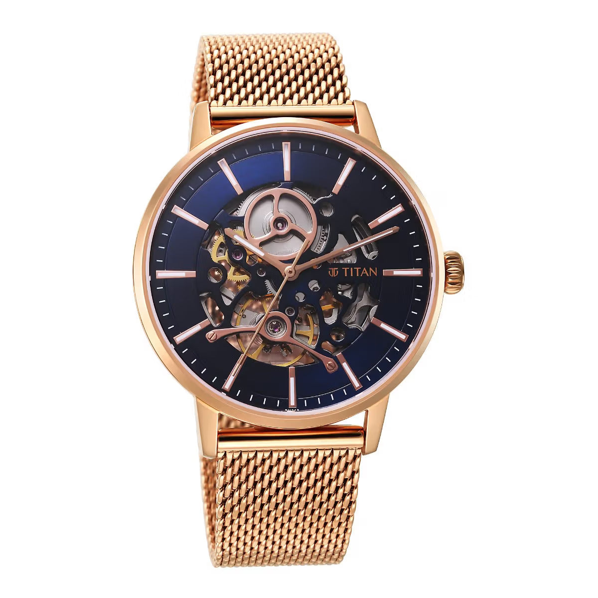Titan Mechanical Slimline Blue Dial Rose Golden Mesh Strap watch for Men 90159WM01