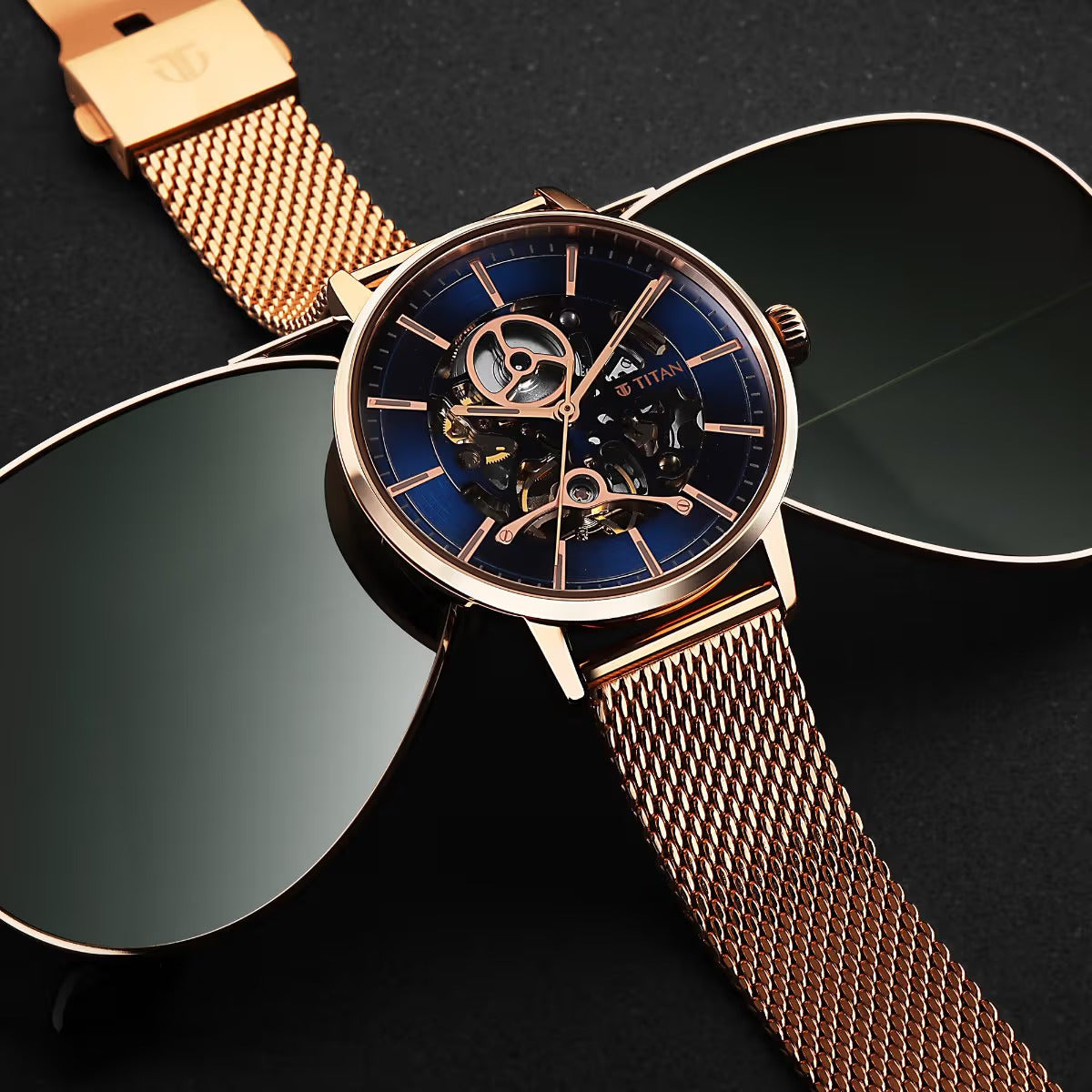 Titan Mechanical Slimline Blue Dial Rose Golden Mesh Strap watch for Men 90159WM01