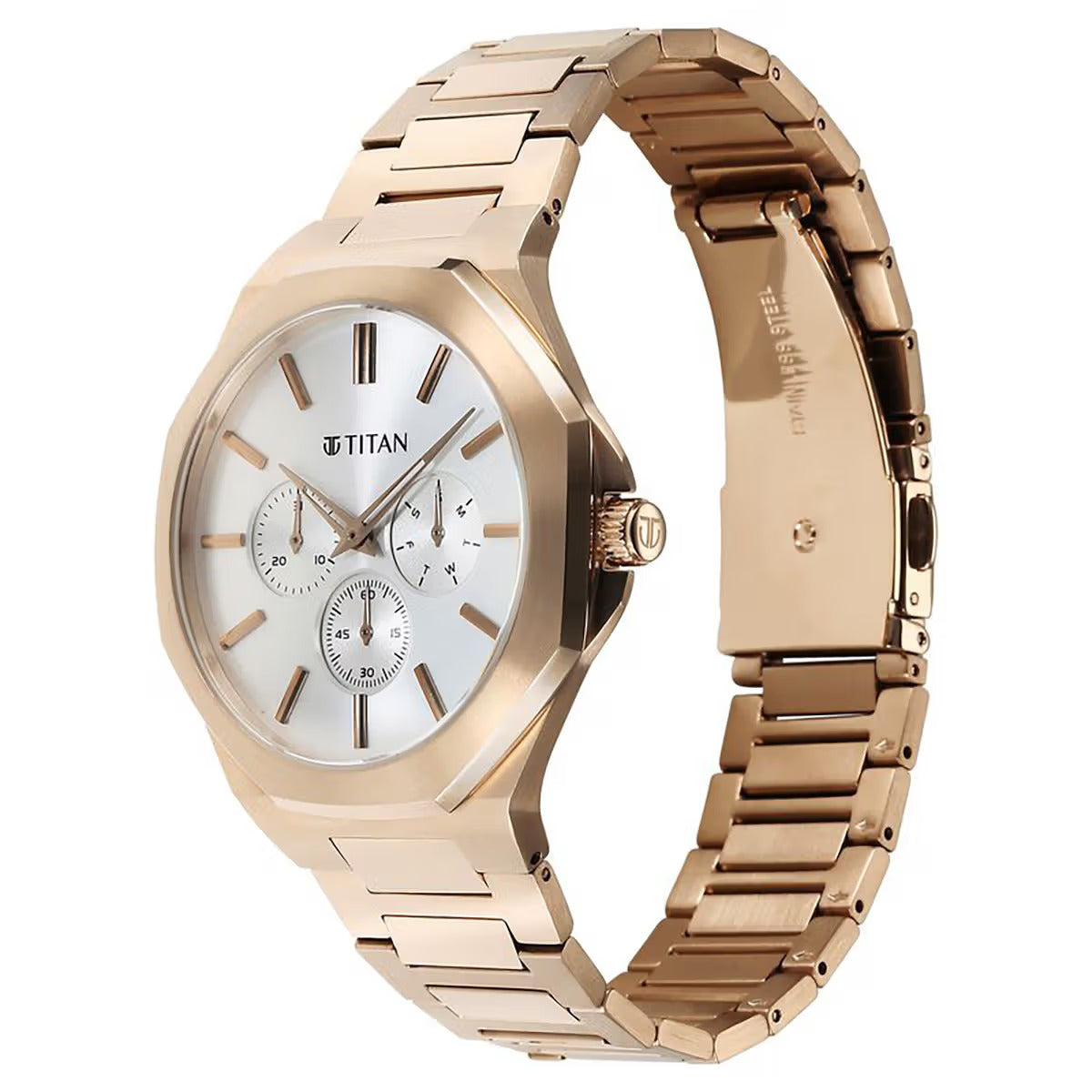 Titan Classic Slim Multifunction Silver Dial Carnation Gold Stainless Steel Strap Men Watch 90198WM01