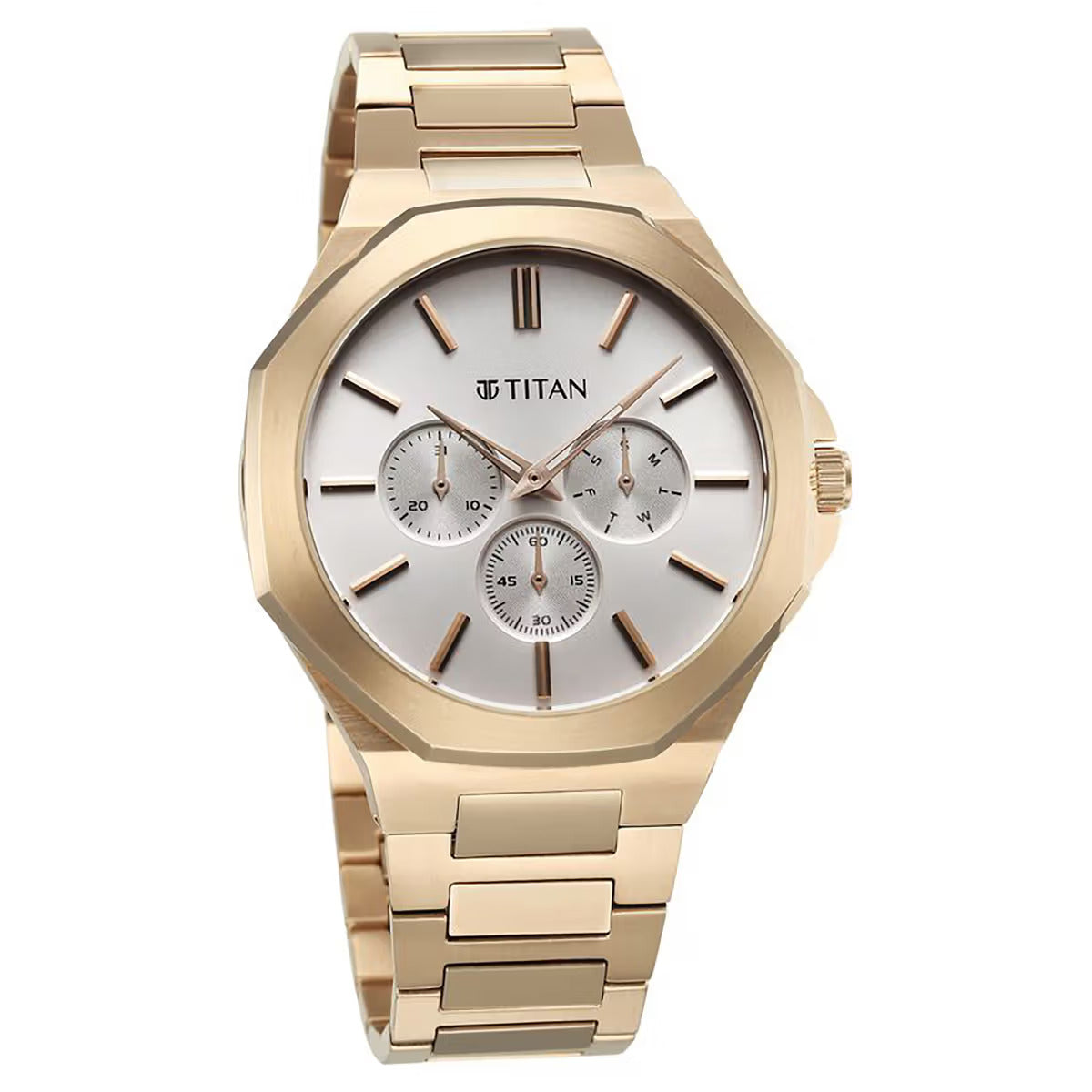Titan Classic Slim Multifunction Silver Dial Carnation Gold Stainless Steel Strap Men Watch 90198WM01