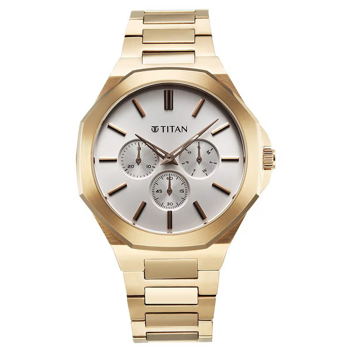 Titan Classic Slim Multifunction Silver Dial Carnation Gold Stainless Steel Strap Men Watch 90198WM01