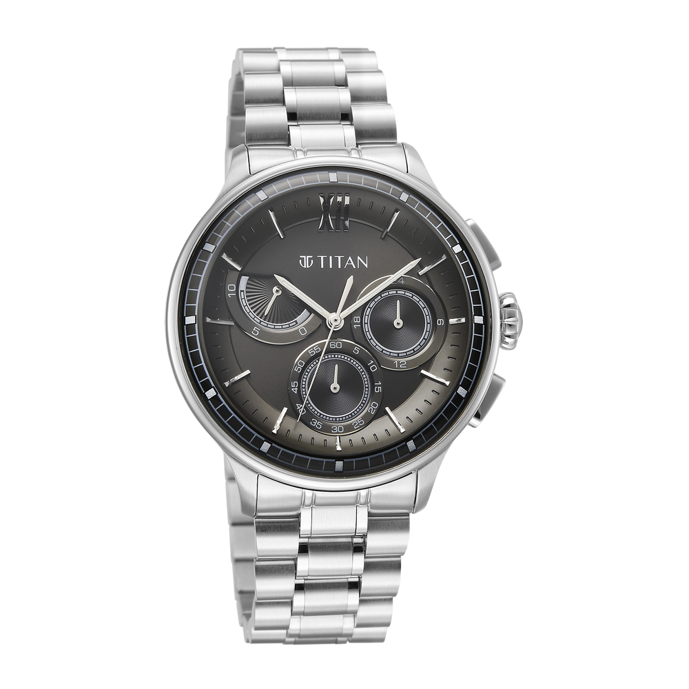 Titan watch with silver bracelet and black dial on a white background