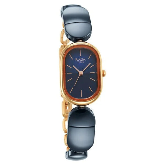 Gold and blue watch with RAGA TITAN branding on a white background