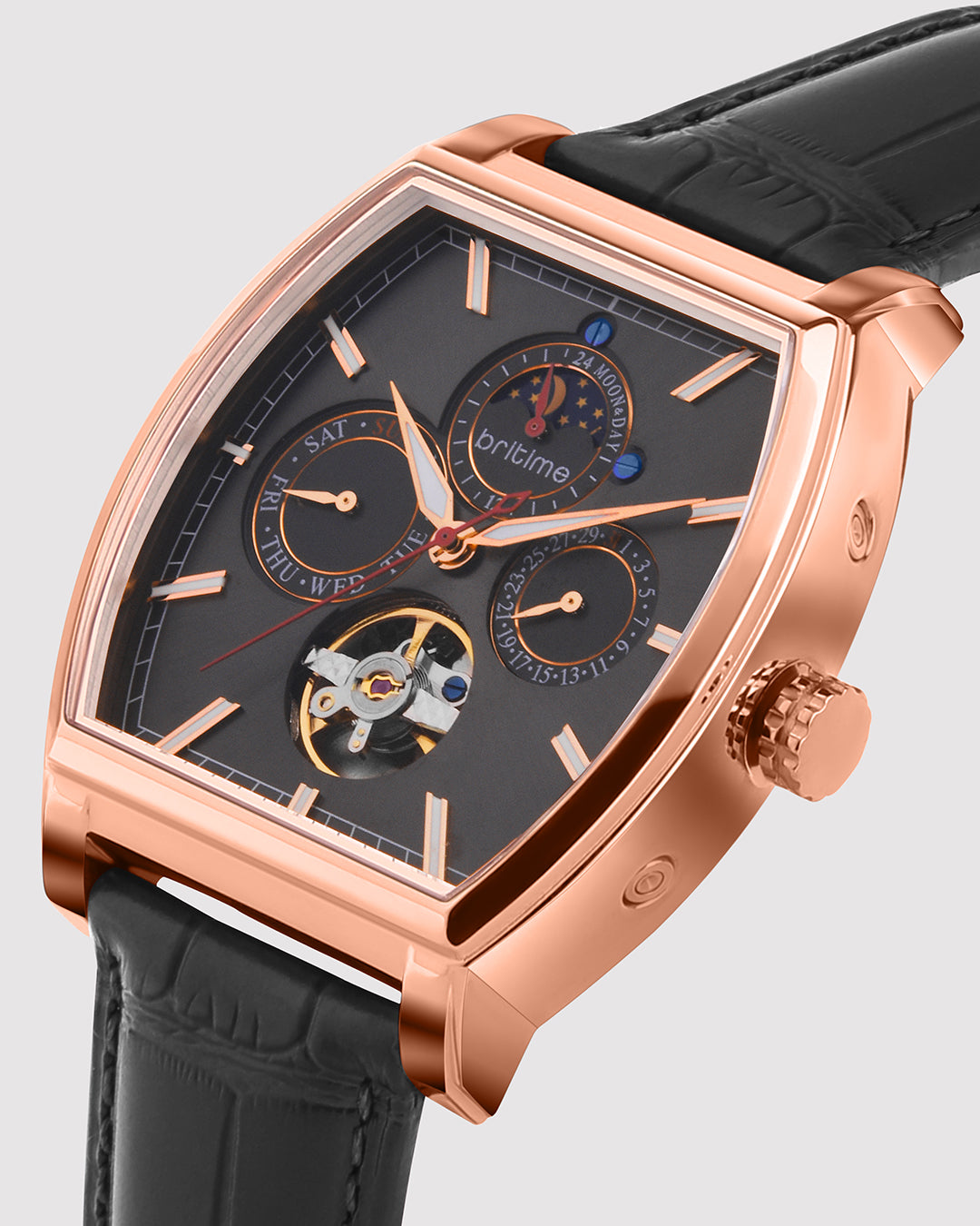 Britime Galaxy Men Automatic Black Dial Multi-Function Leather Strap Watch 985-L30406