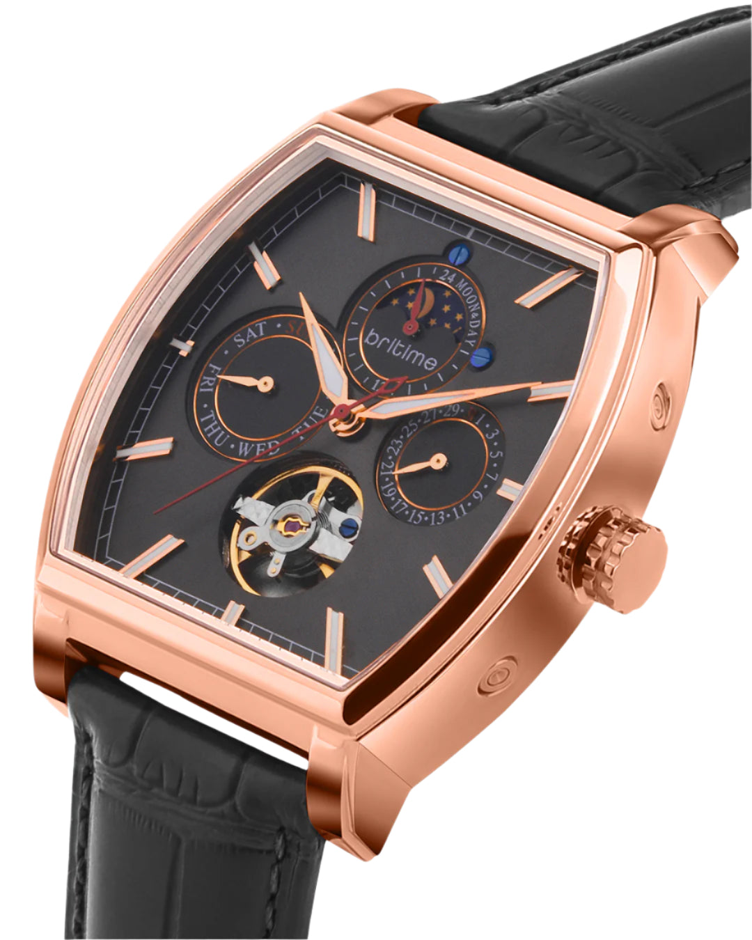 Britime Galaxy Men Automatic Black Dial Multi-Function Leather Strap Watch 985-L30406