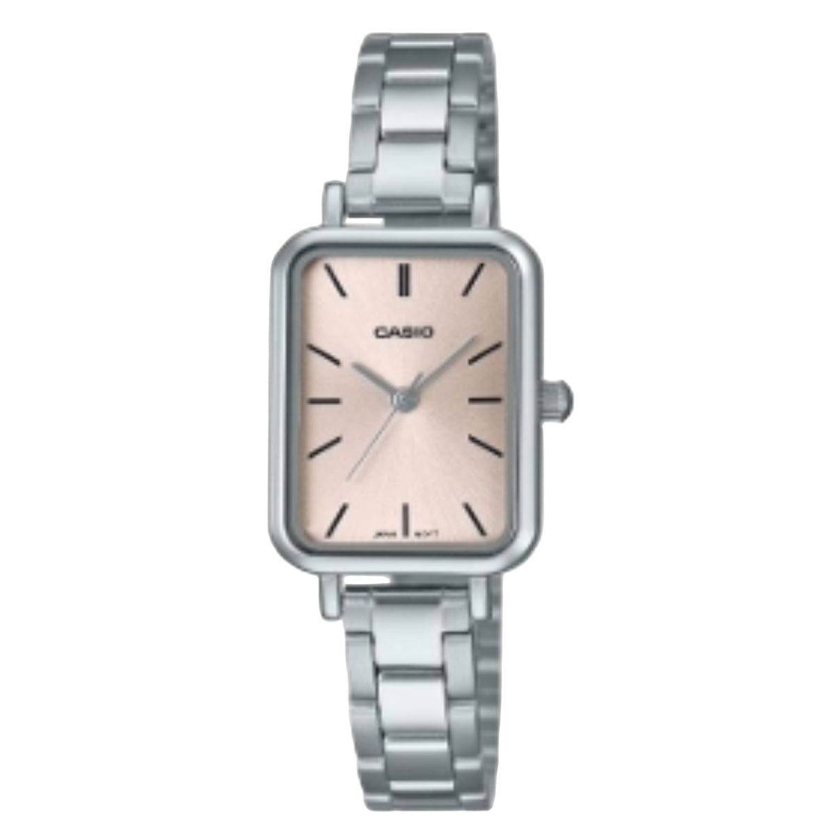 Silver Casio watch with a light pink face on a white background