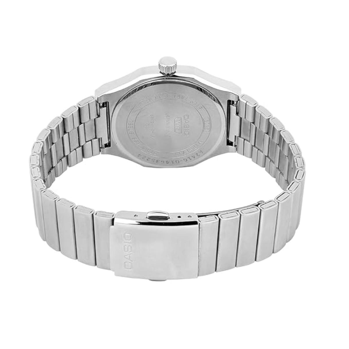 Silver Casio watch with metal band on a white background