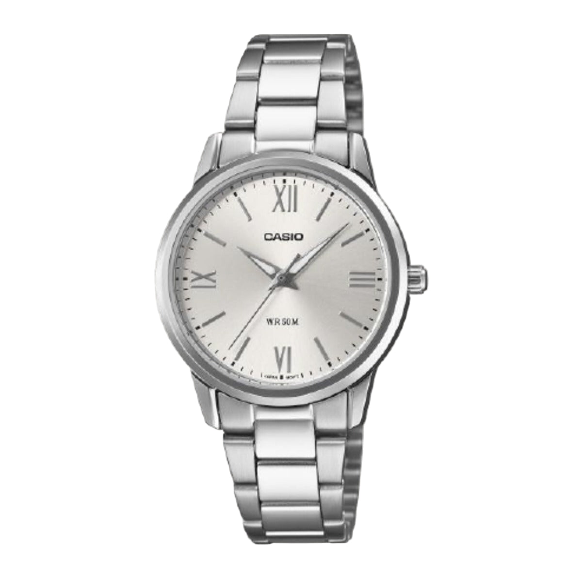 Silver Casio watch on a white background