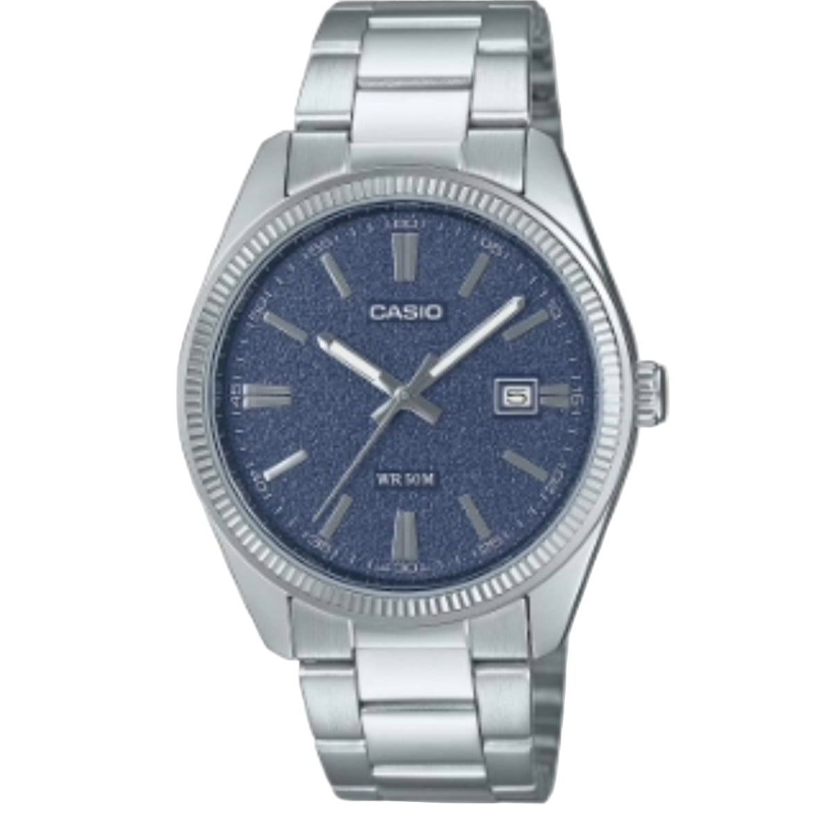 Casio watch with blue dial and silver metal strap on a white background