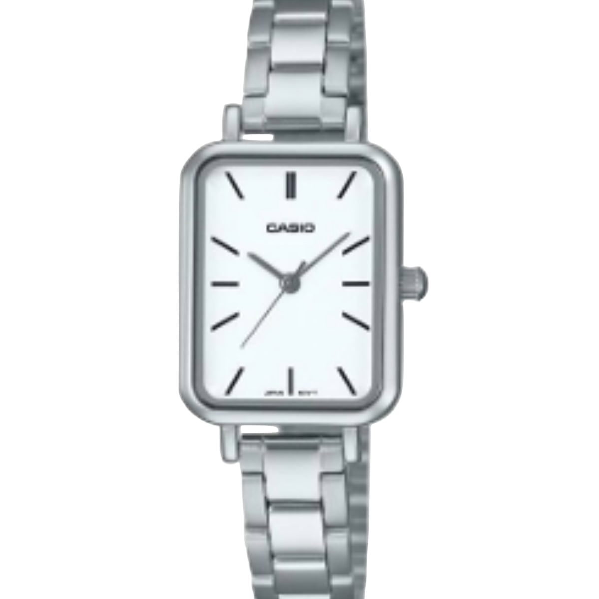 Silver Casio watch on a light gray background
