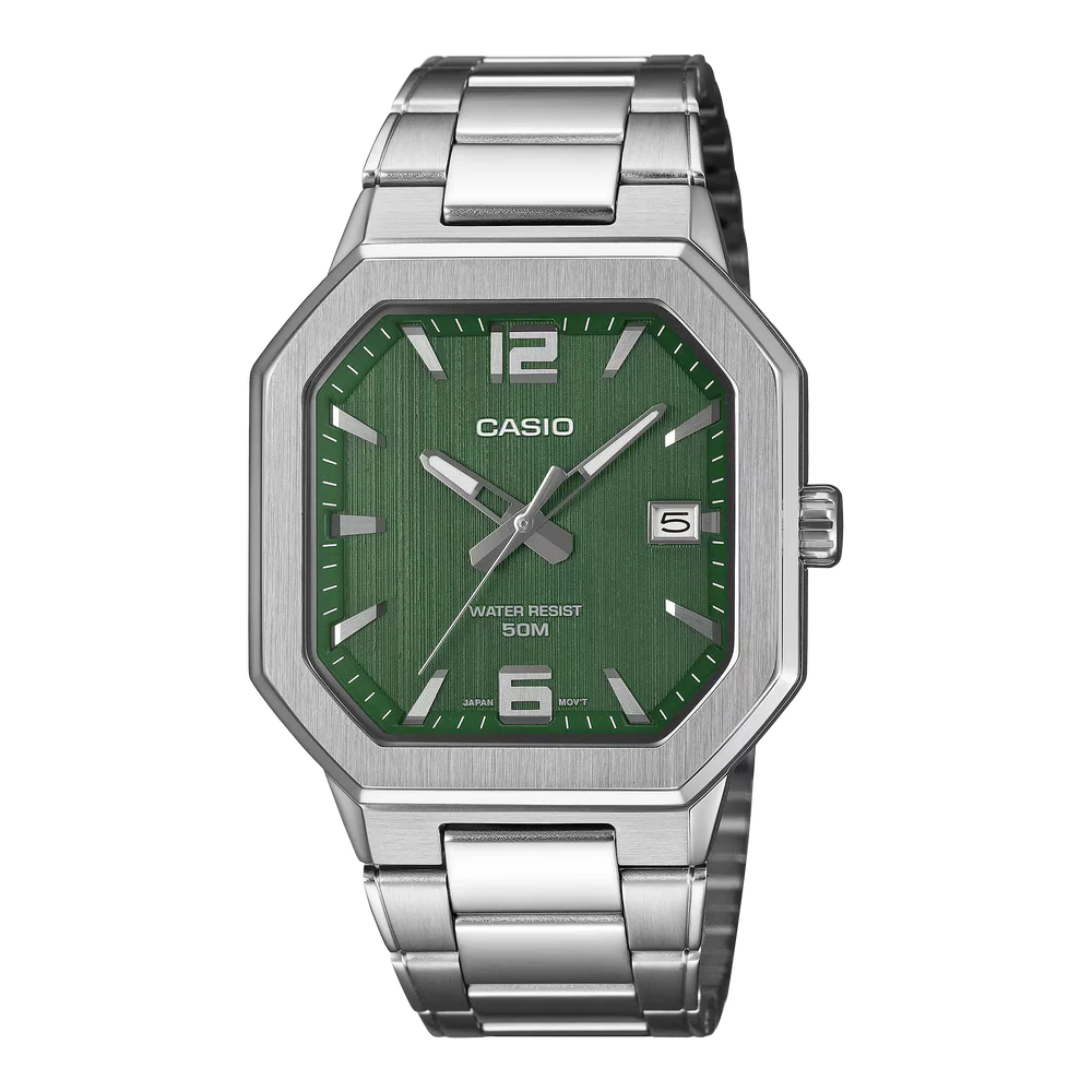 Casio watch with green dial and silver metal strap on a white background