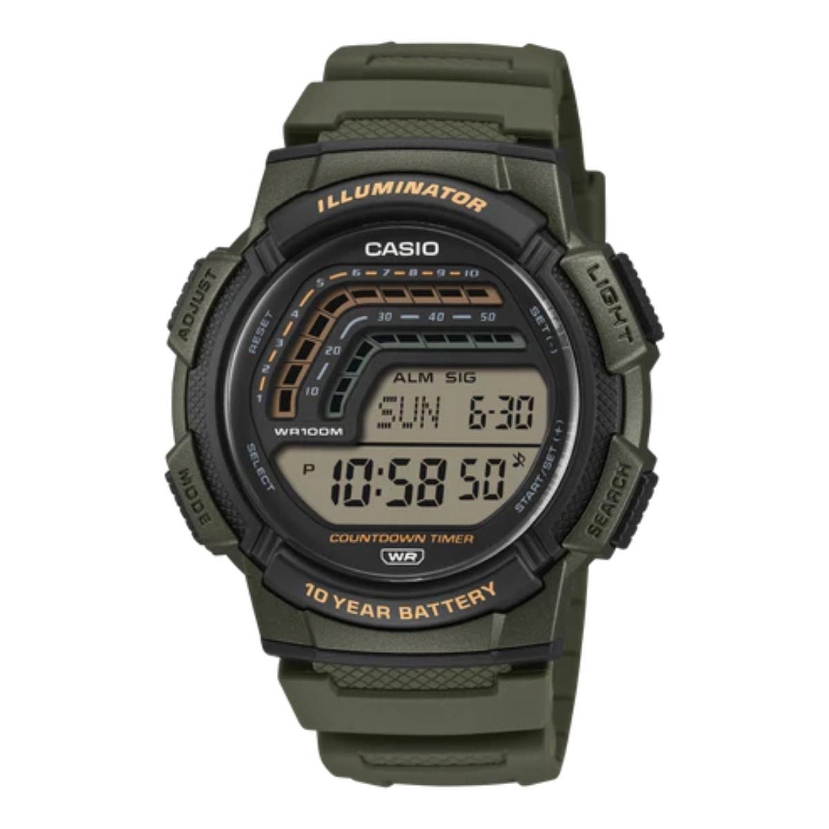 Green Casio digital watch with black bezel on a white background